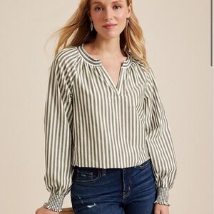 Maurices XXL Blouse Olive Green White Striped‎ V Neck Long Sleeve Smocked Cuffs